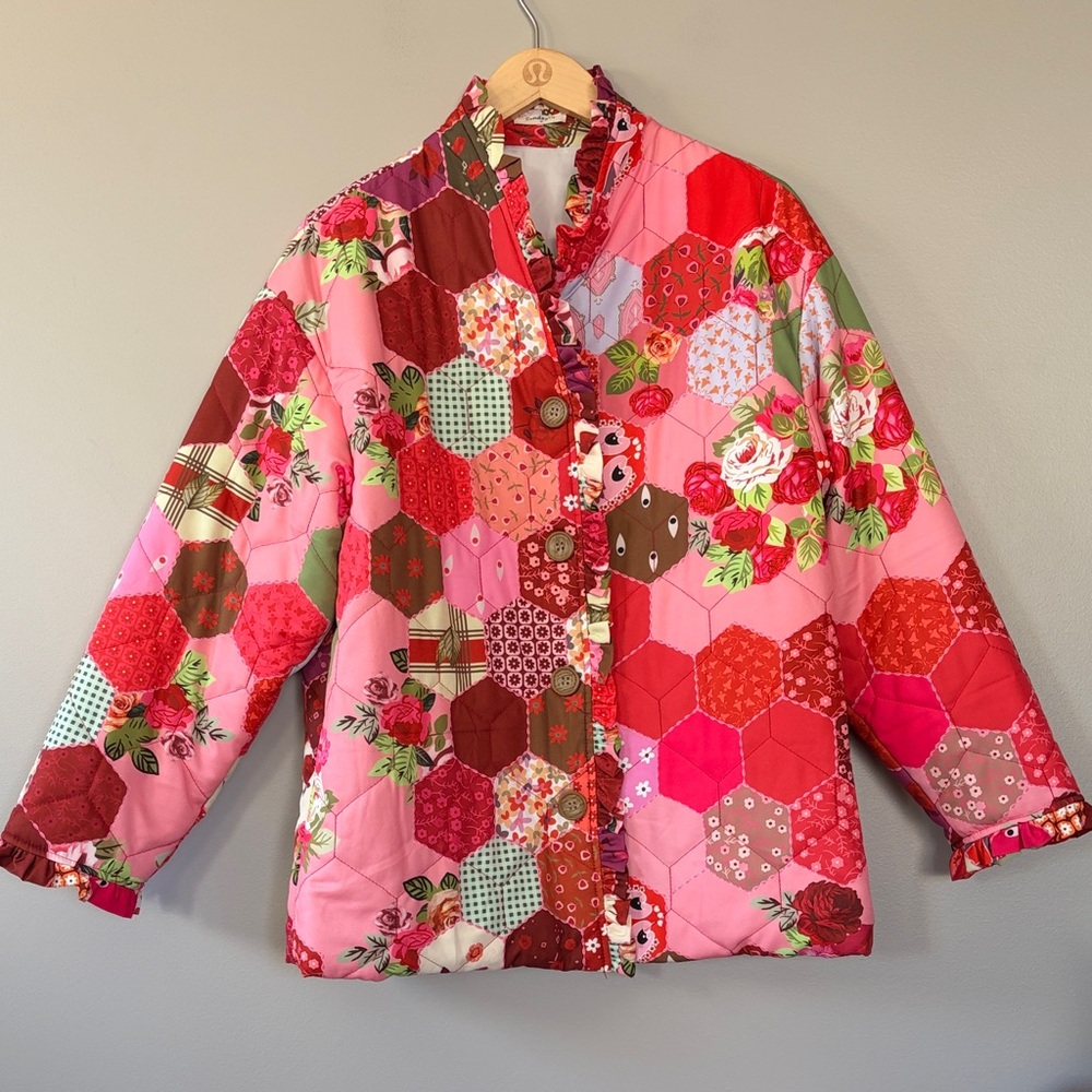 Sunday Up Boho Patchwork Jacket Coat Size Medium Red Pink Floral Bohemian Hippie